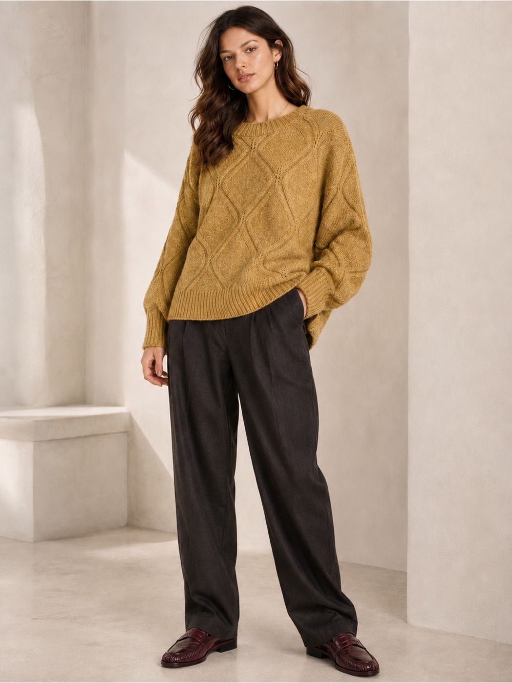 Anthropologie X ICHI Diamond Cable Knit Sweater Chunky Oversized Mustard Sz M